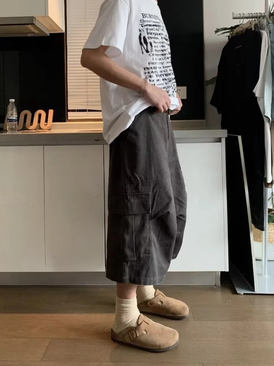 HEARUJOY  -  Cargo Cropped Pants Mens Summer New Multiple Pockets Casual Wide Leg Tooling Shorts Street Retro Paratrooper Overalls Thin