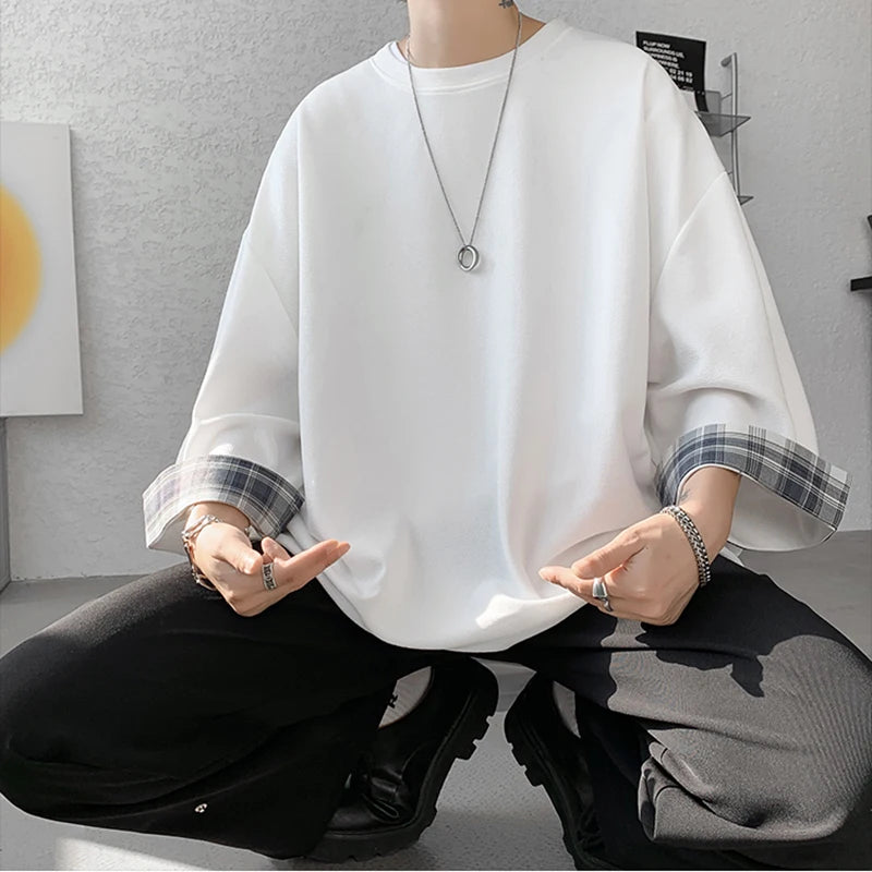 Hearujoy Spring Summer Men's T-shirts Women Oversized 2XL Korean Style Loose Plaid T-shirt Casual Seven sleeves T-Shirt Male White