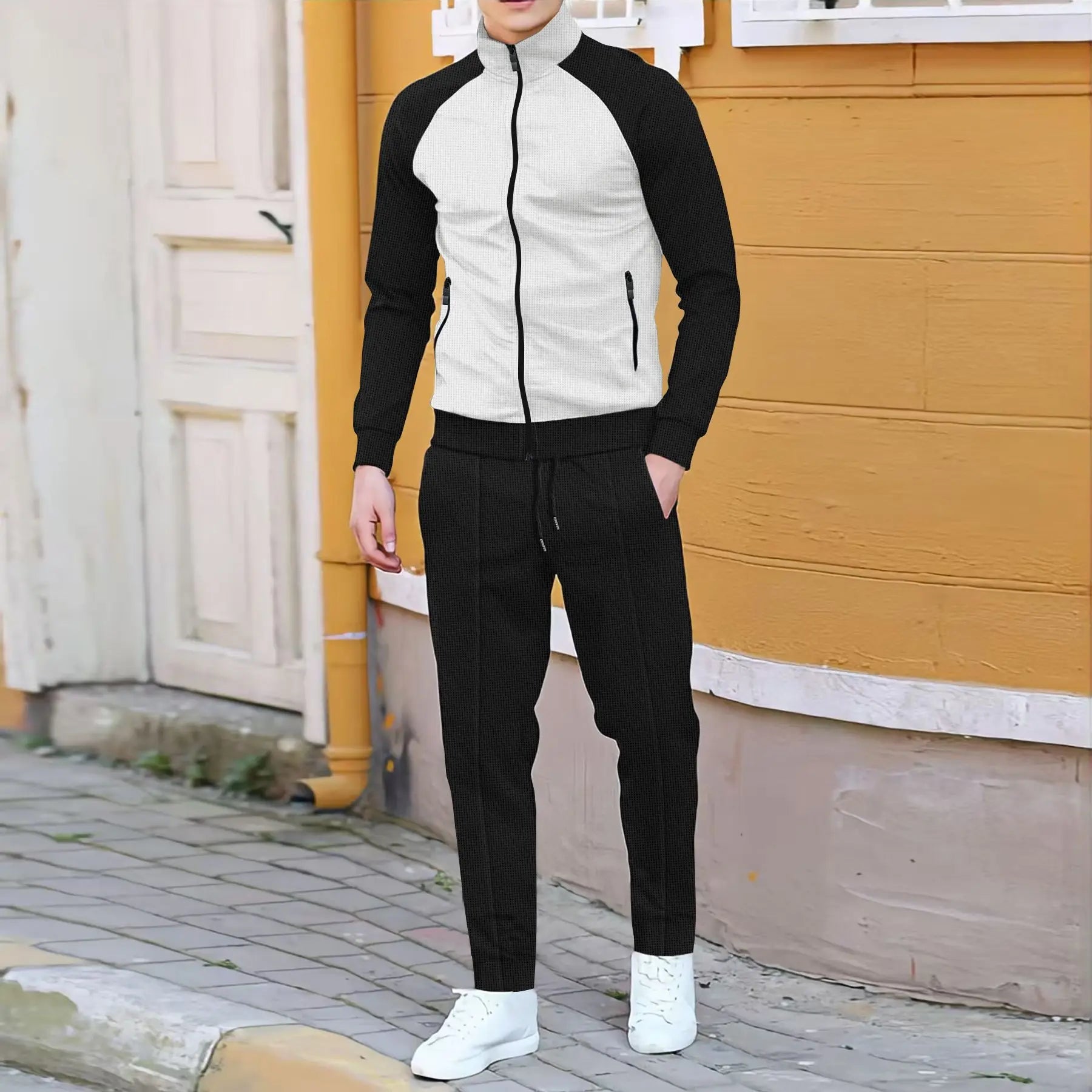 HEARUJOY  -  Spring Autumn Men's Sports Suits Patchwork Raglan Sleeve High Neck Jacket Coat And Pants Two Piece Set Casual Sweatshirt Outfits