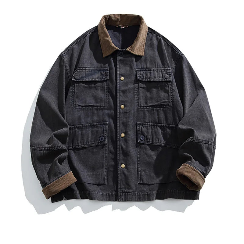 HEARUJOY  -  American Retro Heavyweight Washed Denim Jacket Multi-Pocket Workwear Coat with Contrast Collar Oversized Utility Streetwear