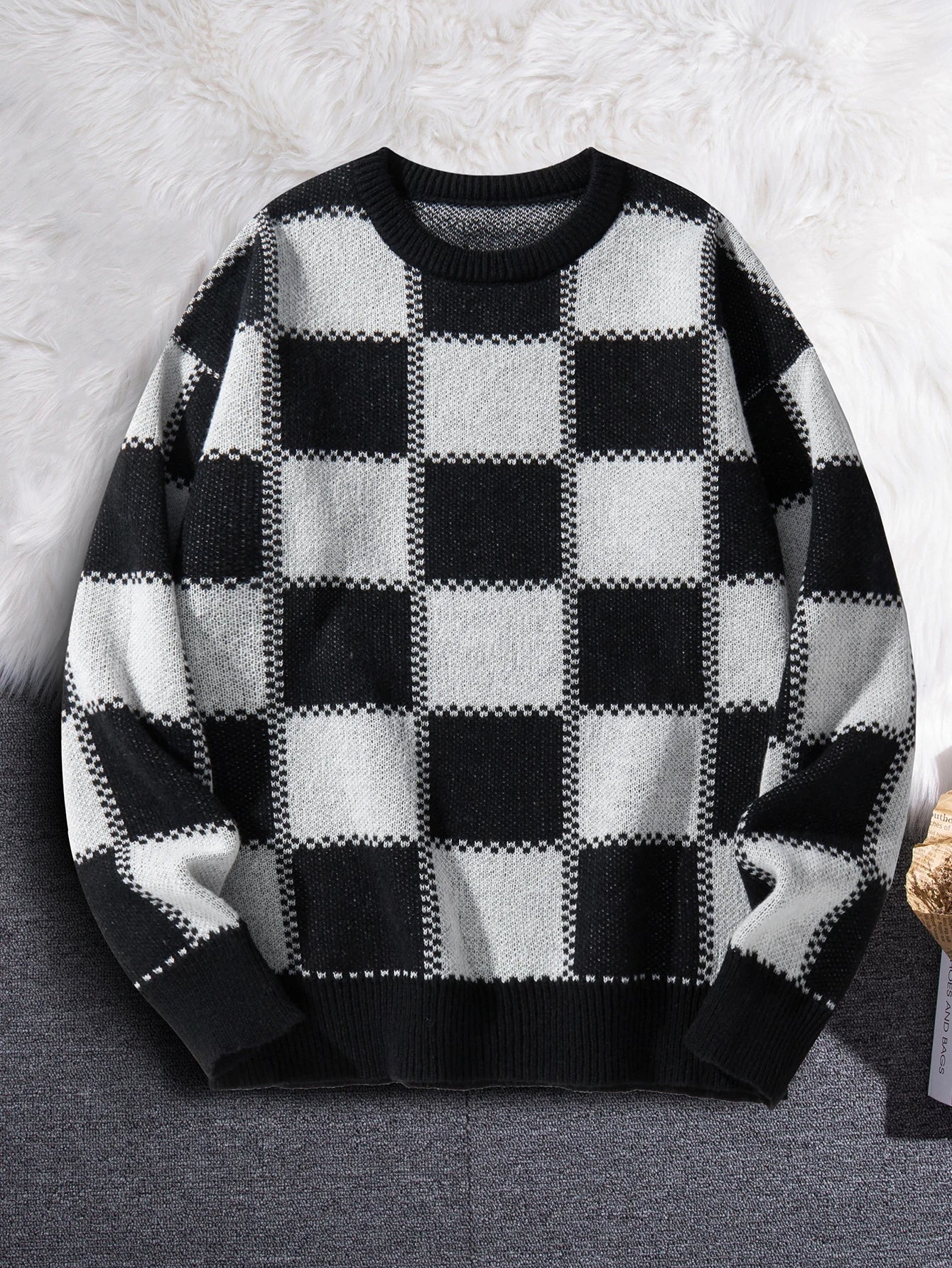 HEARUJOY  -  New Popular Autumn Winter Plaid Jacquard Pattern Pullover Sweater Casual Round Neck Contrast Color Knitted Men's Pullover