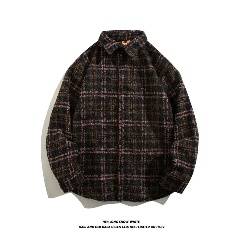 HEARUJOY  -  Japanese Retro Woolen Plaid Shirt For Men Autumn Winter Long Sleeved Top Fashion Vintage Shirts Coat Trendy Clothing Streetwear