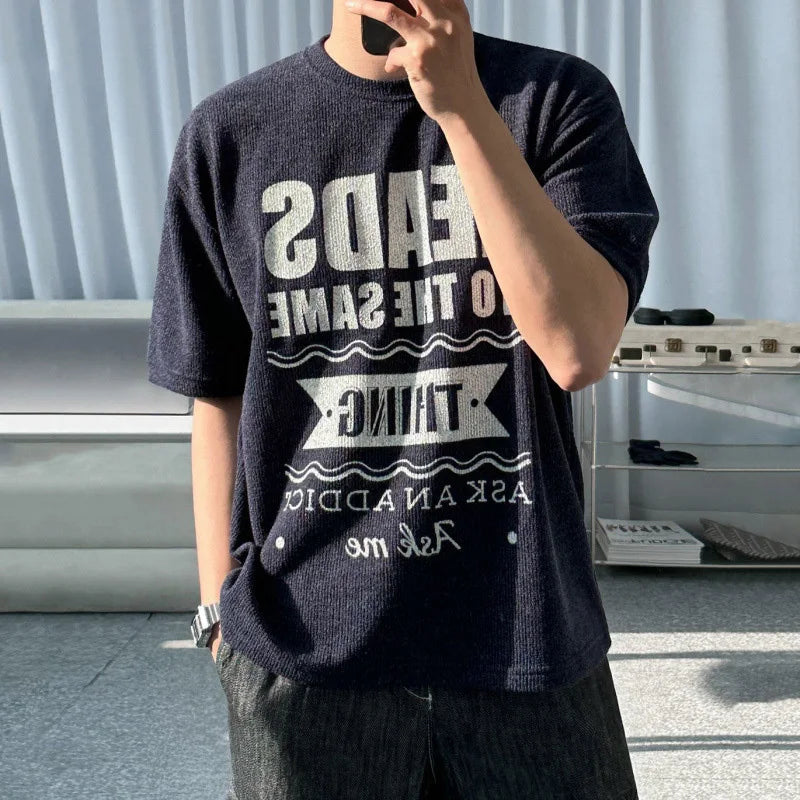 HEARUJOY  -  Korean Style Men's Tees Round Neck Letter Printing Casual Tops Contrast Color Short Sleeved Male Pullover T-shirt
