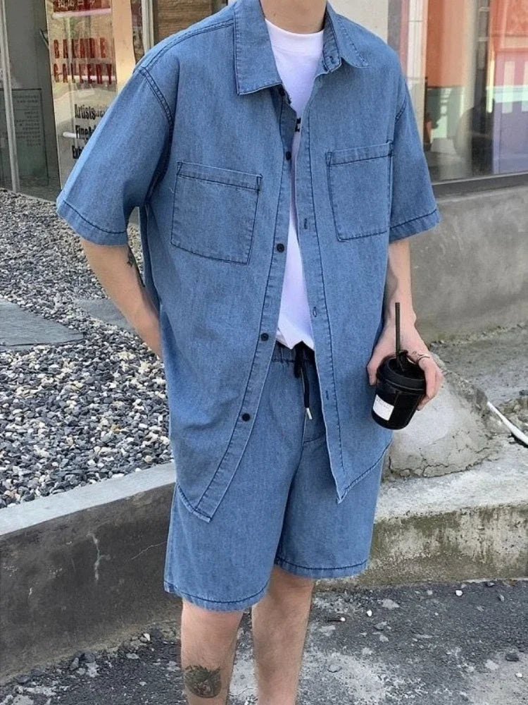 HEARUJOY  -  Japanese Man Sets Work Clothes Loose Cool Two-piece Set New in Matching Elastic Baggy Korean Stylish Shirts Shorts Suits for Men