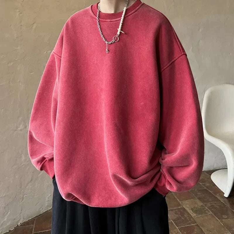 HEARUJOY  -  American Washed Old Pullovers Sweatshirts Men Loose Solid Color 2025 Autumn Large Size Warm O Neck Tops Hip Hop Y2k Sweatshirt