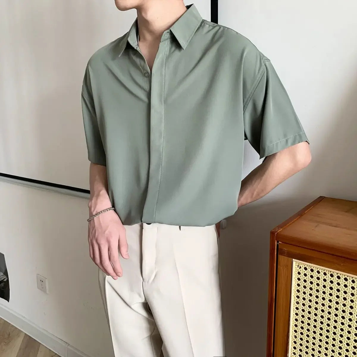 HEARUJOY  -  Green Black White Man Shirt Short Sleeve Plain Shirts for Men Cheap Brand Sale New in High Quality Luxury Summer with Collar