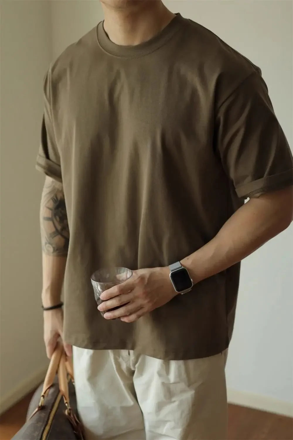HEARUJOY  -  T-shirt American Pure Cotton Tough Guy Solid Color Men Short-sleeved Round Neck Couple Casual Versatile Business Base Shirt