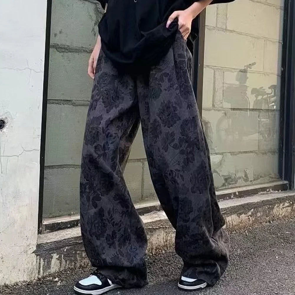 HEARUJOY  -  Men Loose Vintage Casual Jogging Pants Printing Korean Style High Street Trouser Wide Leg Streetwear