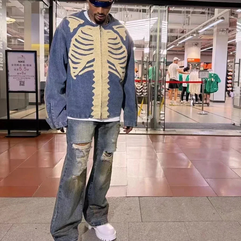 Hearujoy Streetwear Skeleton Bone Embroidery Washed Blue Denim Jacket for Men and Women Vintage Crew Neck Windbreaker Fall Jeans Coat