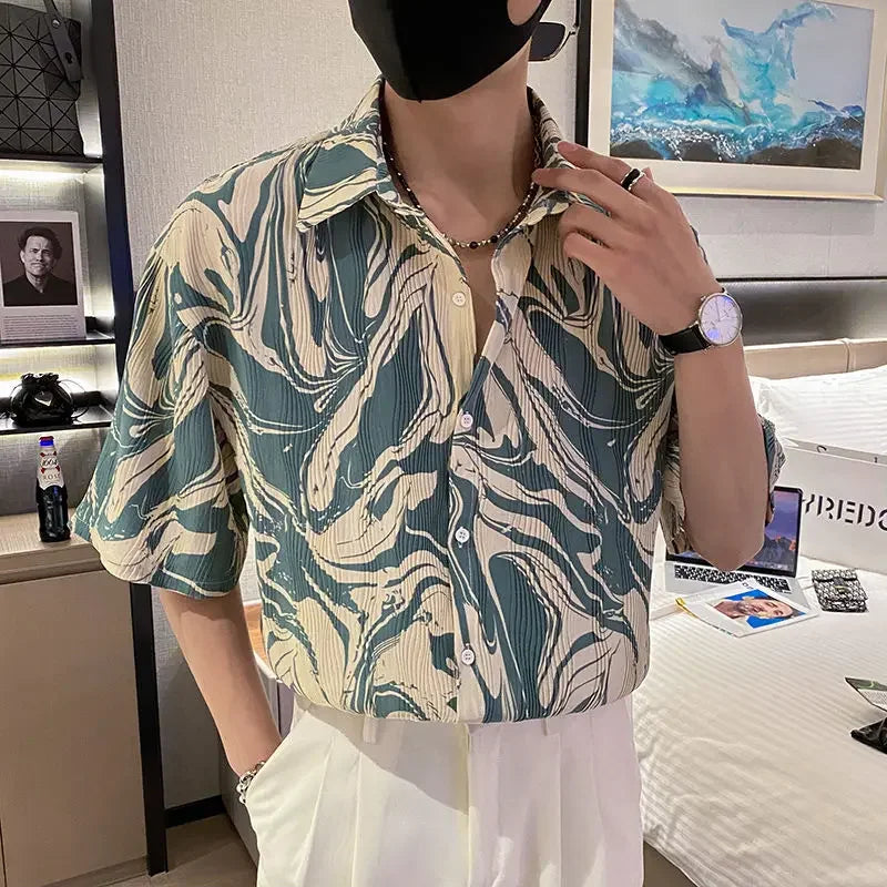 Hearujoy Japanese Summer Ice Silk Flower Shirt for Men Short Sleeve Loose Casual Harajuku Oversized New Thin Hawaiian Shirt Men