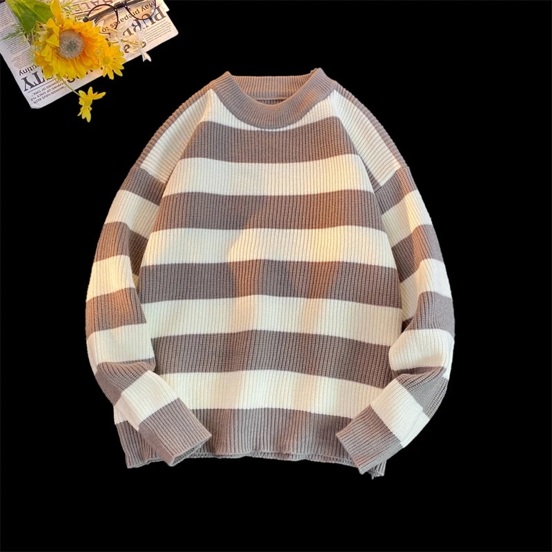 HEARUJOY  -  Men's Winter Sweater Harajuku Fashion Striped Sweter Oversize Pullover Warm Knitted Sweater Men's Clothing