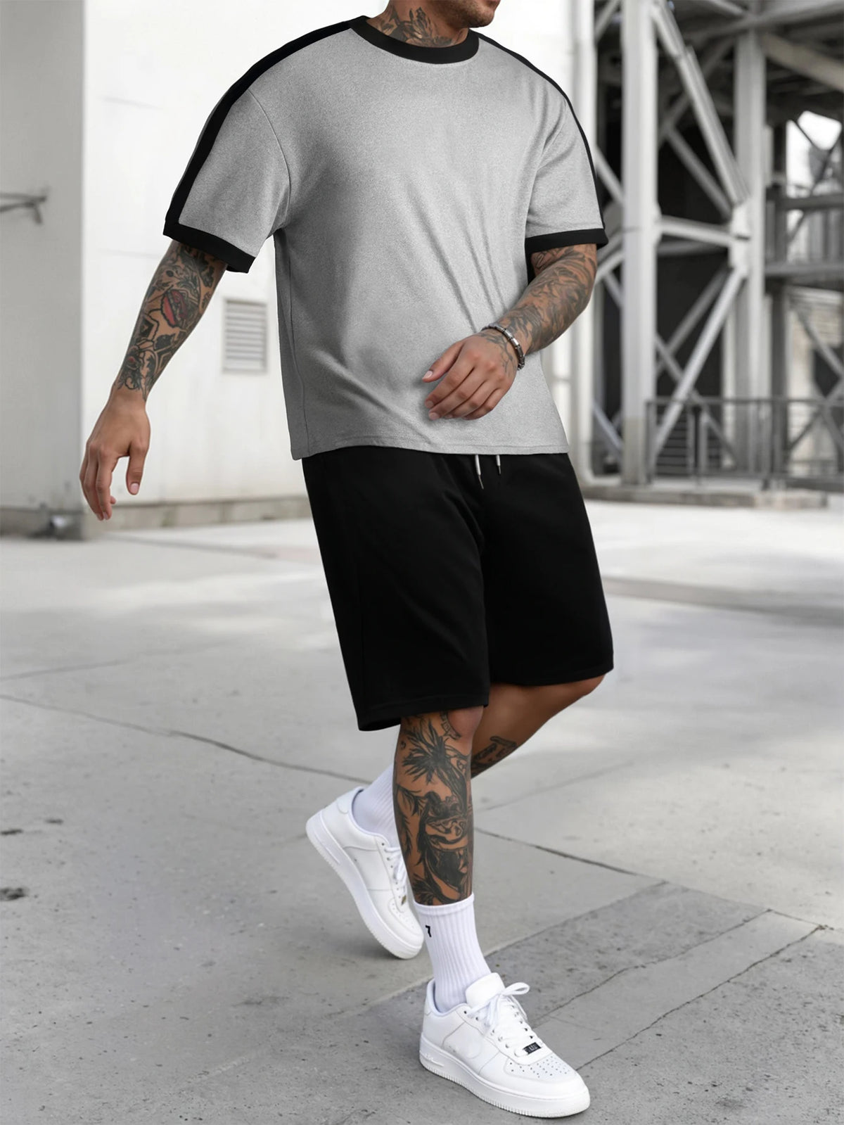 HEARUJOY  -  Summer New Color Matching Sports Suit Men's Short-Sleeved Shorts Loose T-Shirt Five Length Pants Casual Running Set Two-Piece