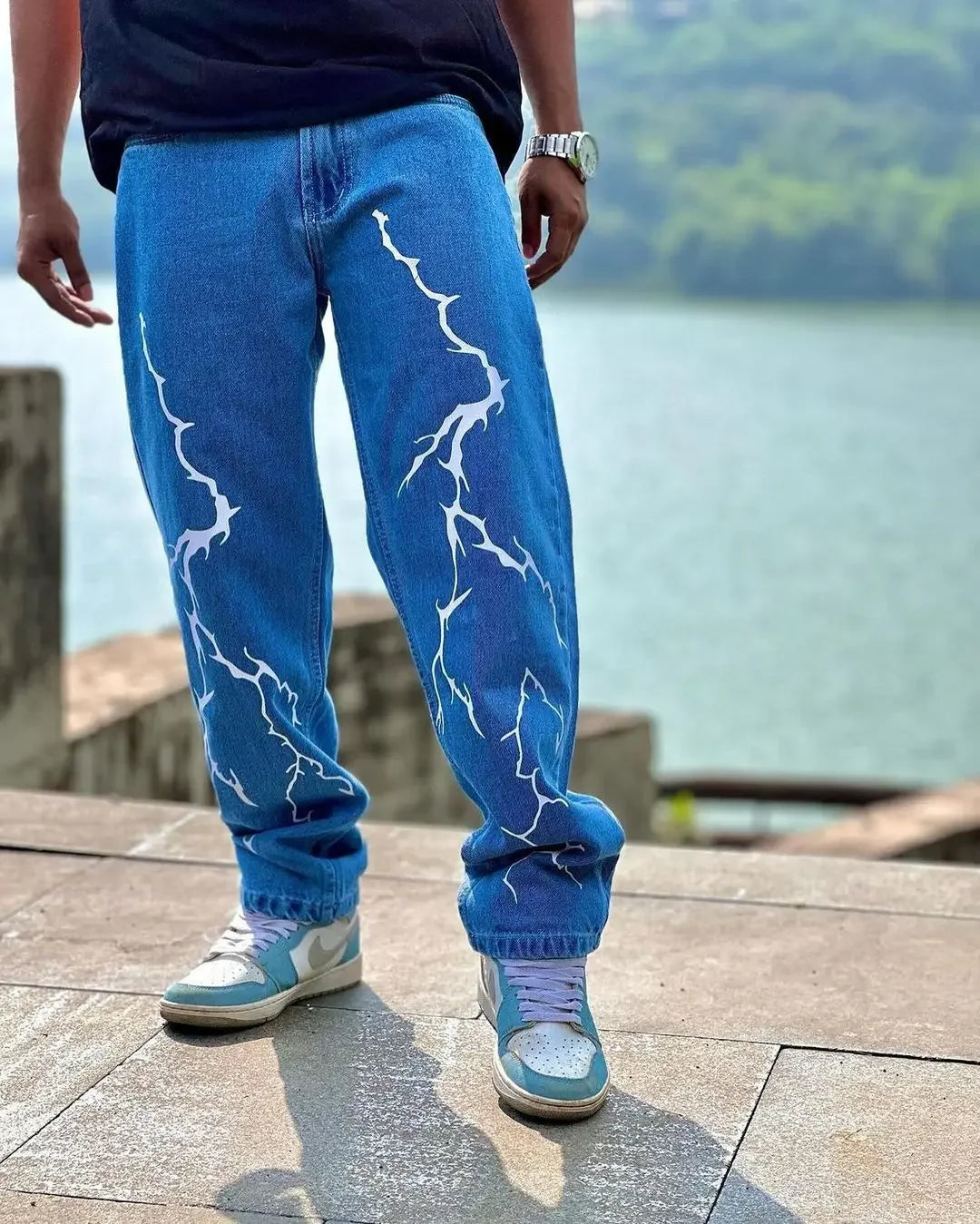Hearujoy Harajuku fashion mens women’s jeans lightning graphic wide leg jean streetwear y2k denim cuples high waist pants men clothing