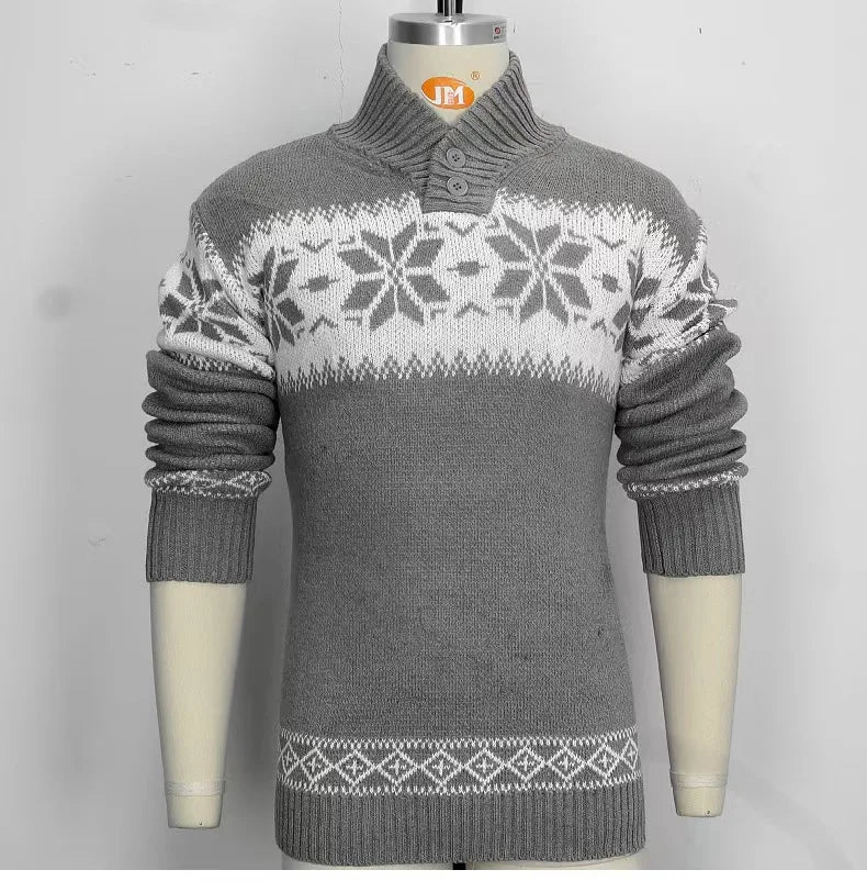 HEARUJOY  -  Autumn Winter New Men Jacquard Sweater Polo Shirts Coat Christmas Snowflake Printed Tees Tops Knitted Stand Collar Clothing