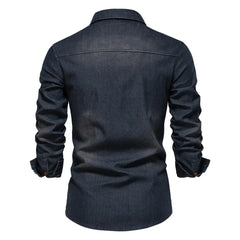 HEARUJOY  -  Shirts Tops Men Shirt Slim Fit Solid Turn Down Collar Full Sleeve Single Breasted Simple Button Casual Splice Regular Top