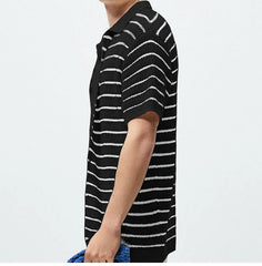 HEARUJOY  -  Men Luxury Hollow Knitwear Polo Shirt Short Sleeve Casual Streetwear Button Down Breathable Striped Contrast Knit Cardigan Tops