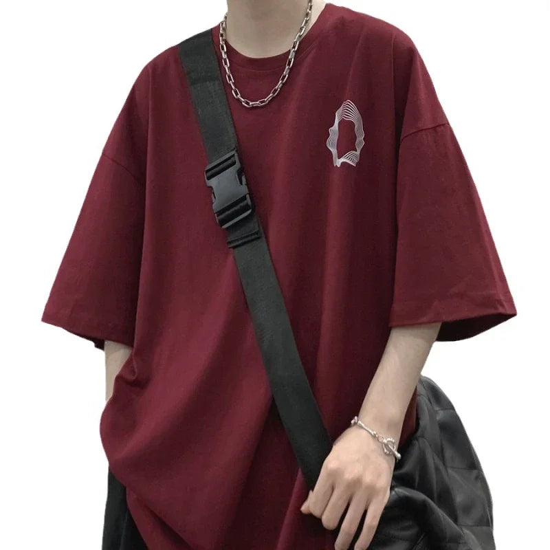 Hearujoy Korean Fashion Oversized T Shirt Summer Burgundy Retro Graphic T Shirts Short-sleeved Cotton Loose Streetwear Y2K Tops for Women