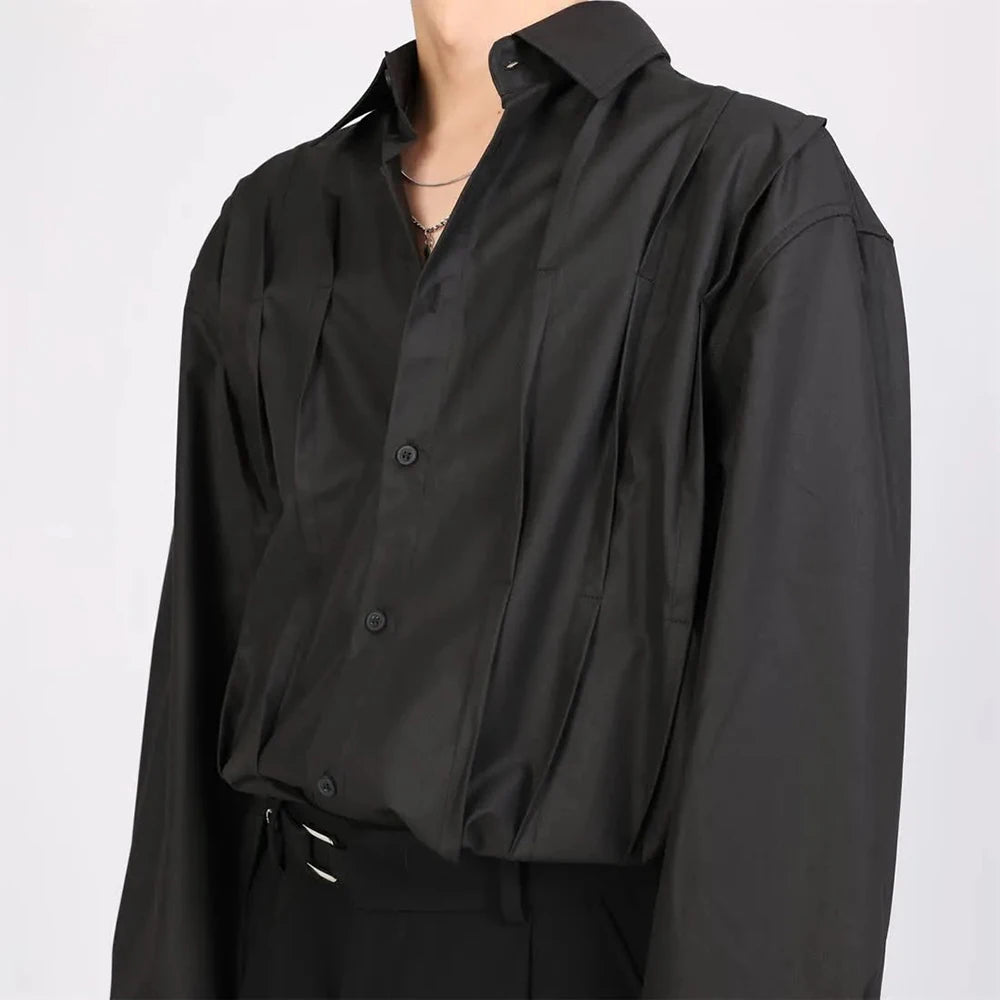 HEARUJOY  -  Mens Shirt Pleated Casual Shirt Spring Autumn Thin Streetwear Fashion Youth Campus Long-Sleeved Top Men'S Clothing 2025 New