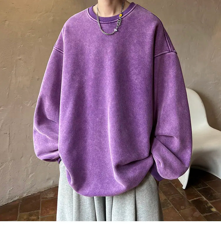 HEARUJOY  -  American Washed Old Pullovers Sweatshirts Men Loose Solid Color 2025 Autumn Large Size Warm O Neck Tops Hip Hop Y2k Sweatshirt