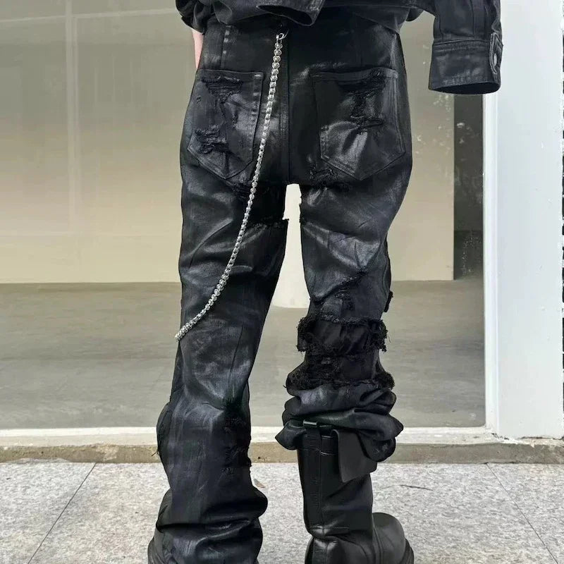 Hearujoy High Street Ripped Damaged Coatted Wax Baggy Flare Pants for Men Straight Hole Frayed Leather Trousers Distressed Loose Cargos