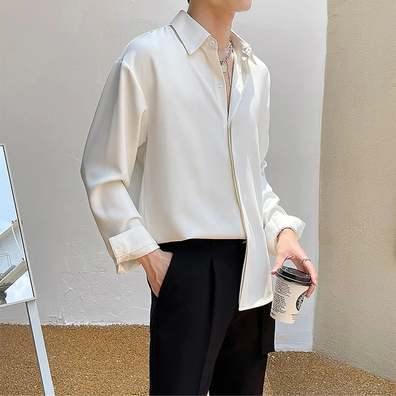 Hearujoy New England Men's Shirt Advanced Luxury Silky Drape Shirt Long Sleeve Solid Color Hidden Button Loose Casual Inner Shirt