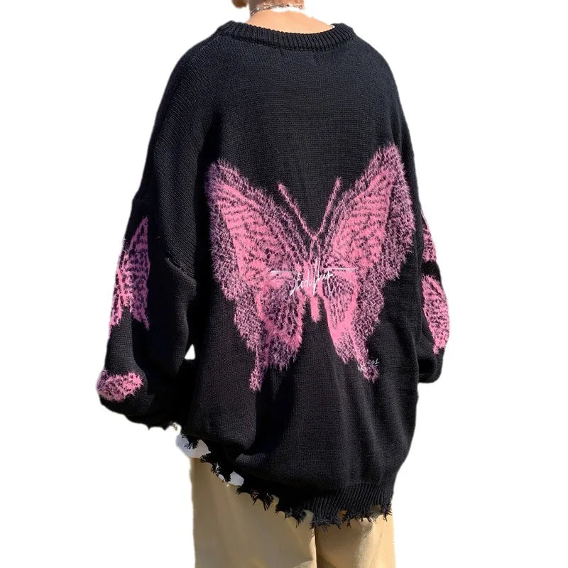 Hearujoy Hem cut butterfly sweater coat national tide high street American style loose fashion color matching round neck sweater loose