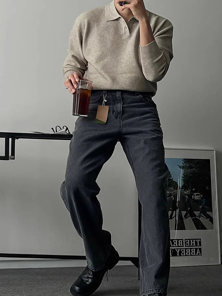 HEARUJOY  -  Spring Autumn Casual Knitting Men Polo Shirts Long Sleeve Slim Fit Elastic Knit Jumper Tops Men's Stylish Solid Color Polo Shirt