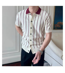 HEARUJOY  -  Men's Knitted Stripe Short Sleeve T-Shirt, New Summer Fashion Trendy Brand Youth Versatile Casual Polo Shirt