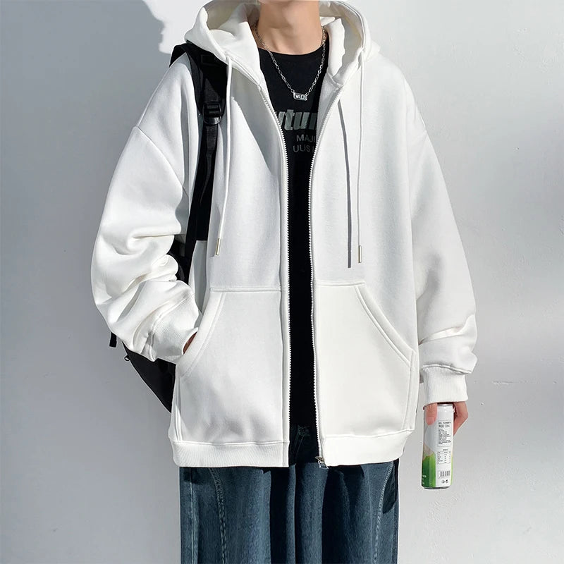 HEARUJOY  -  Spring Autumn Men's Zipper Hoodies Streetwear Casual Jacket Male Solid Color Loose Sweatshirts Simple Hooded Coats