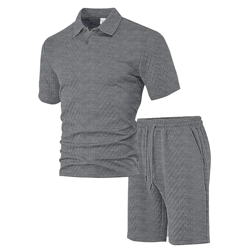 HEARUJOY  -  Men's Summer New Jacquard Casual Sport Thin Lapel POLO Shirt Short-sleeved and Short-shorts Set