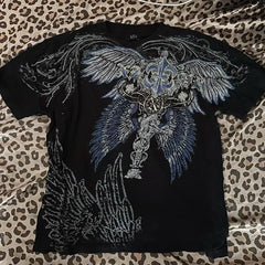 Hearujoy American New Double-Sided Oversized Printed T-shirt Y2K Retro Gothic Pure Cotton Short Sleeve Men Street Hip-Hop Trend Loose Top