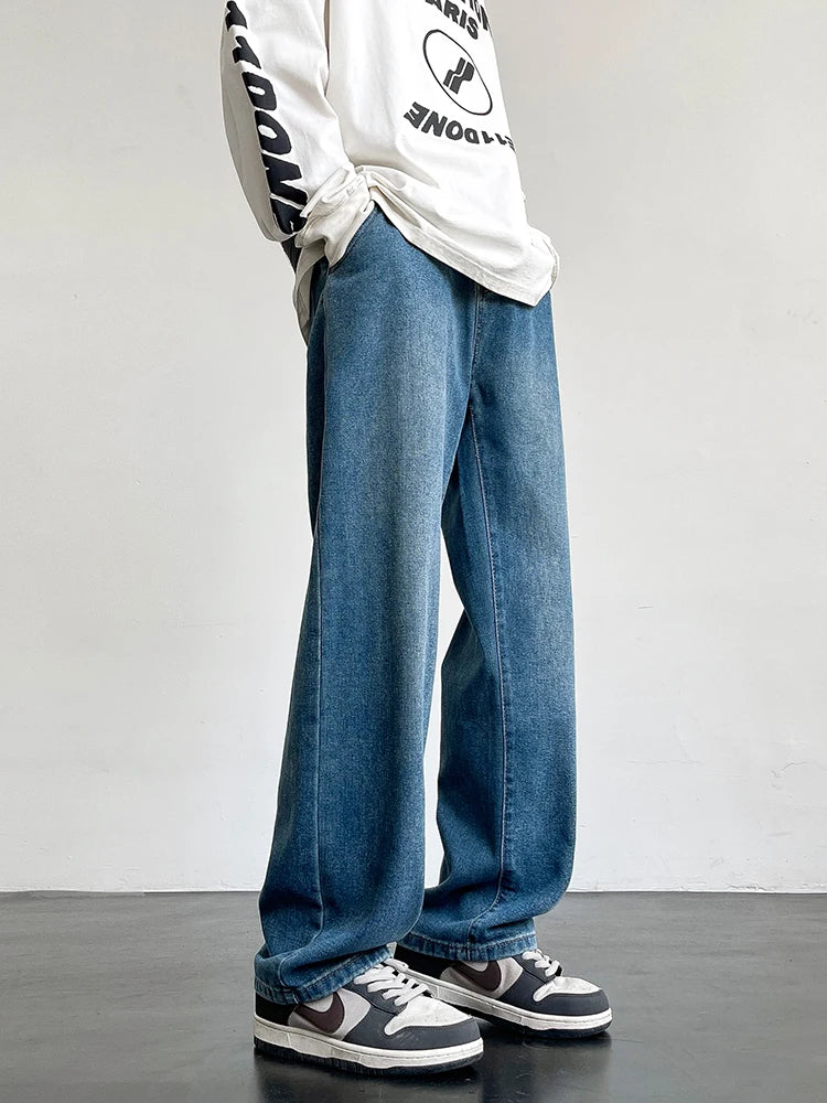 HEARUJOY  -  Spring Summer Men's Jeans Korean Fashion Black Blue Wide Leg Denim Pants Loose Straight Jean Trousers