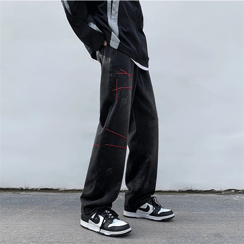 HEARUJOY  -  Autumn Men'S Jeans Korean Version Loose Straight Leg Pants Street Style Wide Leg Pants Black Pants Casual Denim Jeans