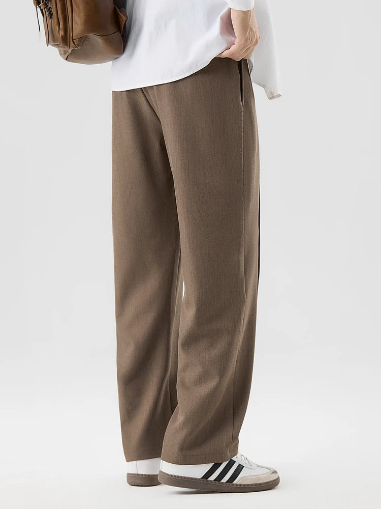 HEARUJOY  -  New Korean Men's Casual Pants Banded Waist Stretch Semi-Wide Pleated Suit Slacks Straight Loose Draped Trousers