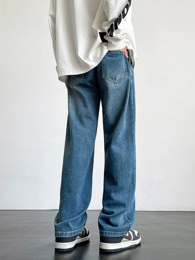 HEARUJOY  -  Spring Summer Men's Jeans Korean Fashion Black Blue Wide Leg Denim Pants Loose Straight Jean Trousers