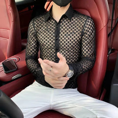 Hearujoy Mens Sexy Slim-Fit Perspective Plaid Mesh Long-Sleeved Shirt Autumn Trend Nightclub Hollow Personality Tight Thin Top For Men