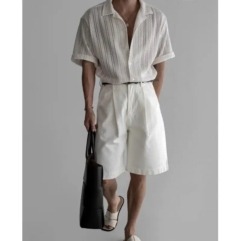 HEARUJOY  -  Summer Short Sleeved Shirt Men Oversized Black White Casual Shirt Men Streetwear Korean Loose Hollow Shirt Mens Hawaiian Shirts