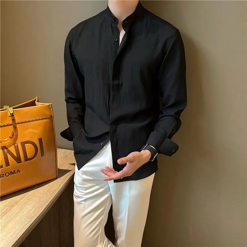 HEARUJOY  -  Long-sleeved Stand-collar Pleated Shirt Men's Summer Seaside Vacation Style Casual and Versatile Solid Color Spring Autumn Shirt