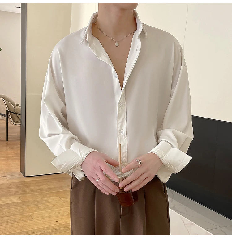 HEARUJOY  -  Long Sleeved Shirt Men Oversized Fashion Social Mens Dress Shirt Korean Loose Ice Silk White Shirt Mens Office Formal Shirts