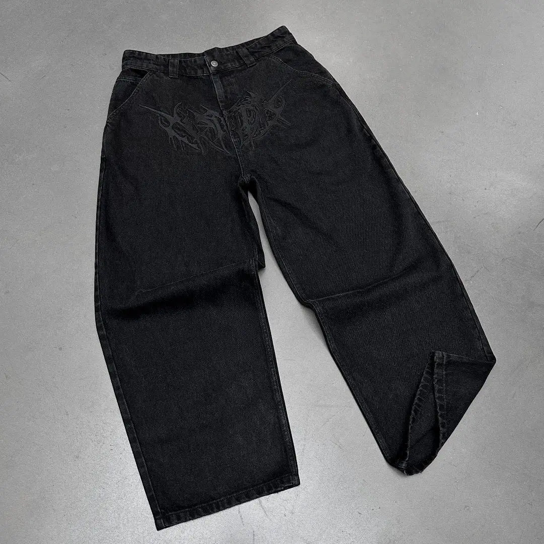 Hearujoy Harajuku Y2k Jeans Goth Hip Hop Pattern Oversized Pocket Ripped Black Baggy Jeans Casual New Mens Womens Denim Pants Streetwear