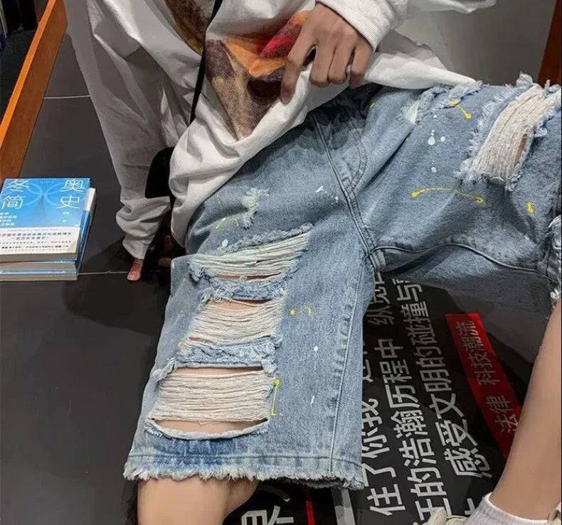 HEARUJOY  -  Loose Wide Ripped Bermuda Big Size with Pockets Half Long Baggy Oversize Short Jeans Pants for Men Man Denim Shorts Popular Emo