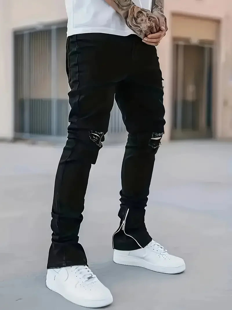 HEARUJOY  -  Men's Slim Fit Black Jeans - Street Style, Cotton Blend, Mid-Stretch Fabric, Ripped Detail, All-Season Wear
