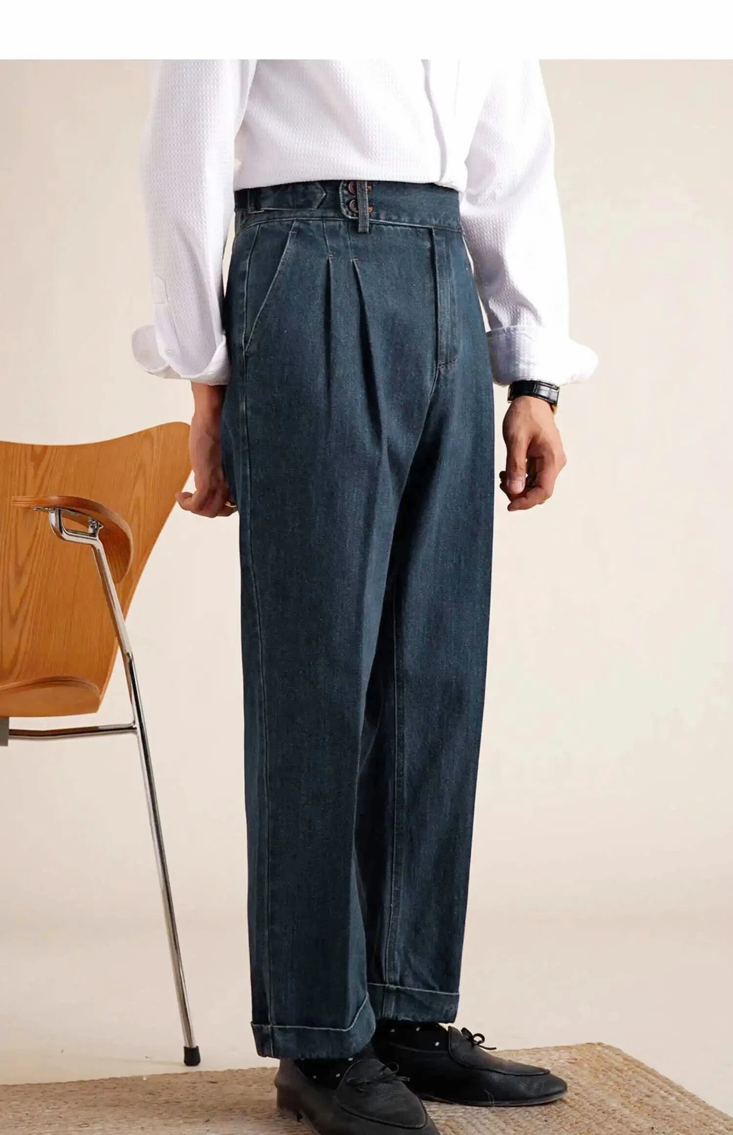 HEARUJOY  -  Naples Loose Washed High Grade Business Pant Men Dress Trouser High Quality Cotton Blend Double Pleated Jeans Straight Leg Pant