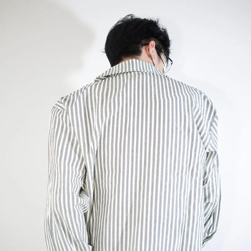 HEARUJOY  -  Long Sleeved Shirt Men Fashion Society Mens White Dress Shirt Korean Loose Blue Striped Shirt Mens Double Breasted Casual Shirt