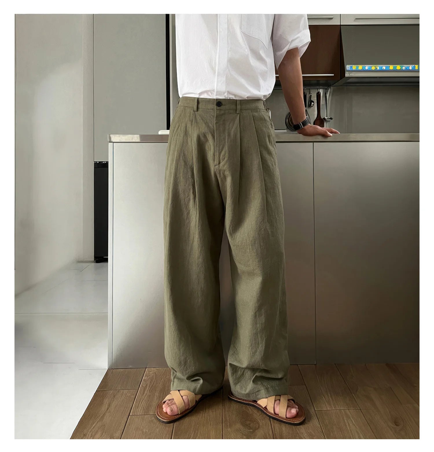 HEARUJOY  -  Men's Korean Light Luxury Draped Linen Wide Leg Pants Leisure Button-down Solid Color Straight Premium Elegant Sweatpants M-3XL