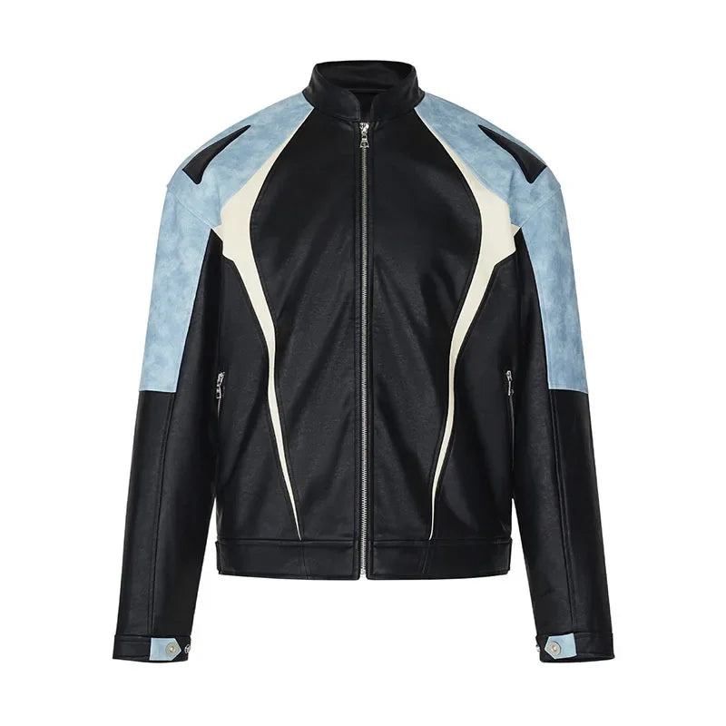 HEARUJOY  -  Men's Motorcycle Leather Jacket Color Block Racing PU Leather Coat Women Spring New Zip Up Stand Collar Hip Hop Street Outwear