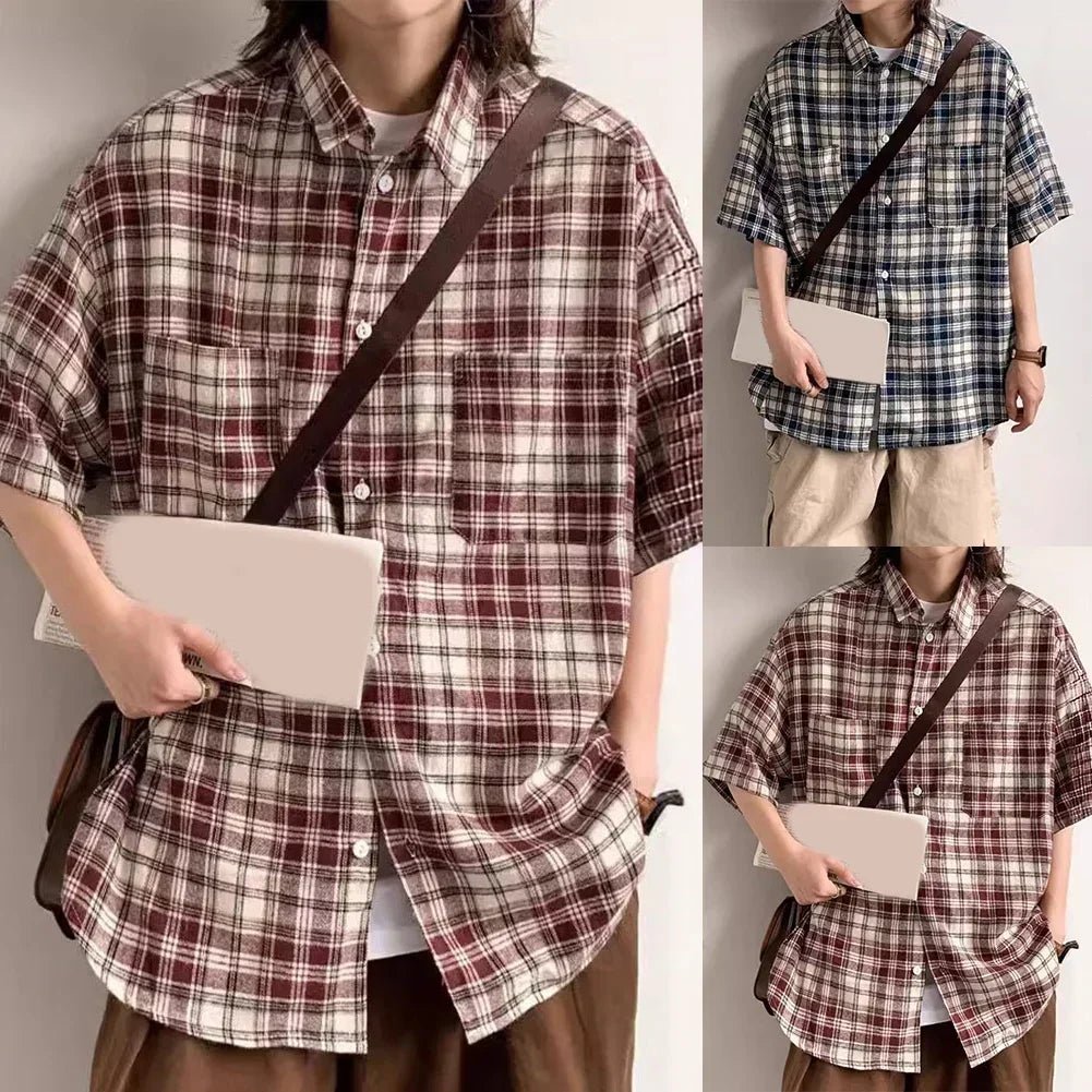 HEARUJOY  -  Plaid Shirt For Men Casual Couple Loose Mens Shirt Polyester Fabric Slight Stretch All Seasons Applicable Male