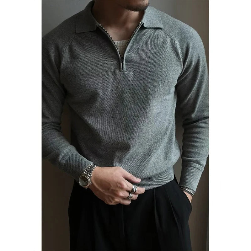 Hearujoy Autumn Clothing Men's Clothing Luxury Knitted Polo Shirt Casual Fashion Zippers Solid Color Long Sleeve Pullovers Leisure Shirts