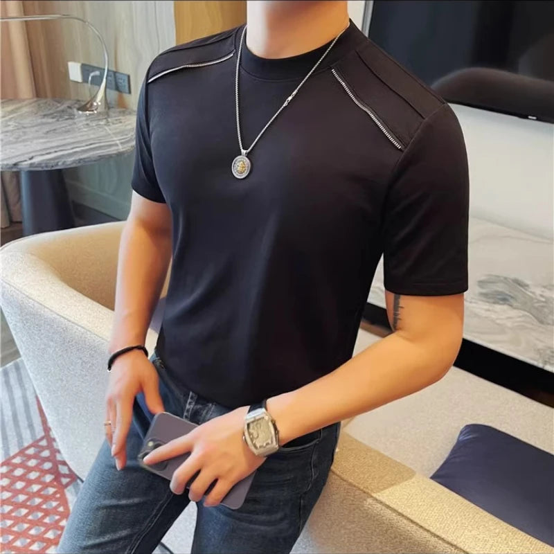 HEARUJOY  -  Men's Summer 65% Cotton Zipper-Shoulder Tee | Slim Fit Round Neck Short Sleeve Shirt in Black/White