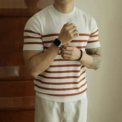 HEARUJOY  -  Summer Men's Fashion Casual Knitwear Versatile Top Striped Knitted Short Sleeved T-shirt Slim Fit O-Neck Retro Ice Silk Tee